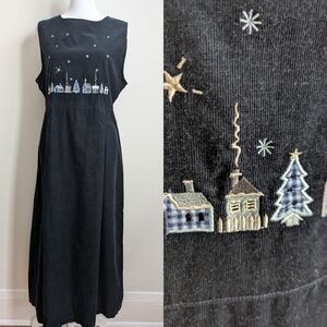 VTG Woolrich Navy Pinwale Corduroy Jumper Dress W/Embroidered Winter Cityscape M